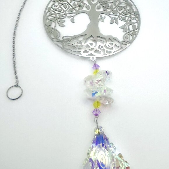 Silver Tree of Life Iridescent Crystal Prism Suncatcher Window Sun Hanging New - Picture 1 of 7